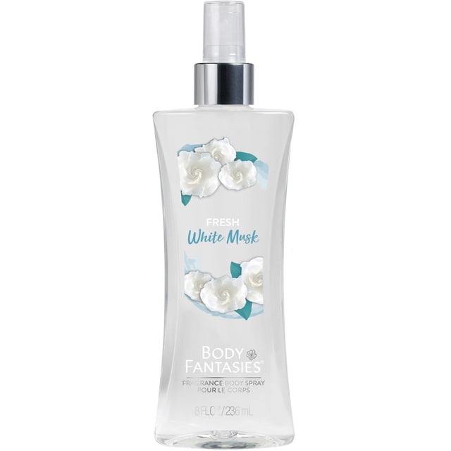 Body Fantasies Signature Musc Blanc Frais Fragrance Vaporisateur pour le Corps 236 ml Bouteille Vaporisateur Orientée vers l'Avant avec Étiquette de Marque, silhouette de 8,25 Po de Hauteur; Parfum de Fleurs Blanc Éclatant Mélangé avec des Muscs Doux et une note de Fragrance Longue Durée, Souvent Utilisé comme Linge Léger Ou Brume d'Ambiance.