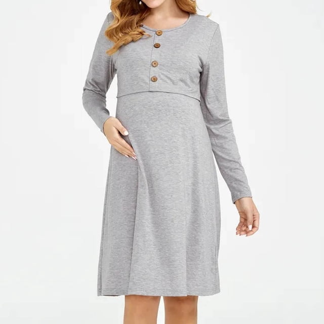 Tidyack Robe de Maternité et d'Allaitement Grise, en Coton Doux avec Encolure Ronde, Manches Longues et devant Ouvert avec Détails de Boutons pour l'Allaitement. La Robe Longueur Genou Offre une Coupe Confortable, Idéale pour les Nouvelles Mamans et le Port Quotidien.