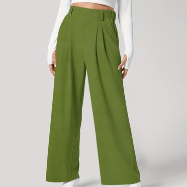 Kyusrd Wide Leg Pants For Women Elastic High Waisted Pleated Side Pocket Waffle Knit Palazzo Trousers Casual Solid Color Loose Work Business Ruffled Slacks Pants