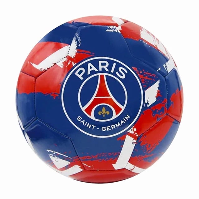 Paris Saint-Germain Brush Soccer Ball (Size 5), an official licensed soccer ball featuring vibrant printed graphics with the iconic PSG logo and team colors in red, blue, and white. Constructed with high-quality patterned PVC, dual-layer backing over 2.5 mm foam, and a rubber bladder for durability during rugged play.