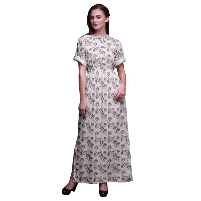 Bimba Robe Kimono Imprimée Feuilles de Rayonne & Magnolia Manches Longues Maxi Fendue d'Été - Grande
