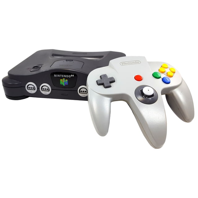 Refurbished Nintendo 64 N64 video game console in gray with a matching Nintendo brand controller. The console features a matte finish and includes a jumper pak, jumper pak cover, power supply, and AV cable. The controller has a firm joystick and vibrant buttons. Designed for NTSC-U/C (US/Canada) region and suitable for retro gaming enthusiasts.