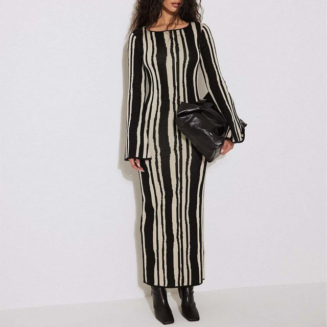 Robe Longue Moulante pour Femme, Robe en Tricot à Rayures Ondulées, Robe de Soirée pour Fête (Kaki m)