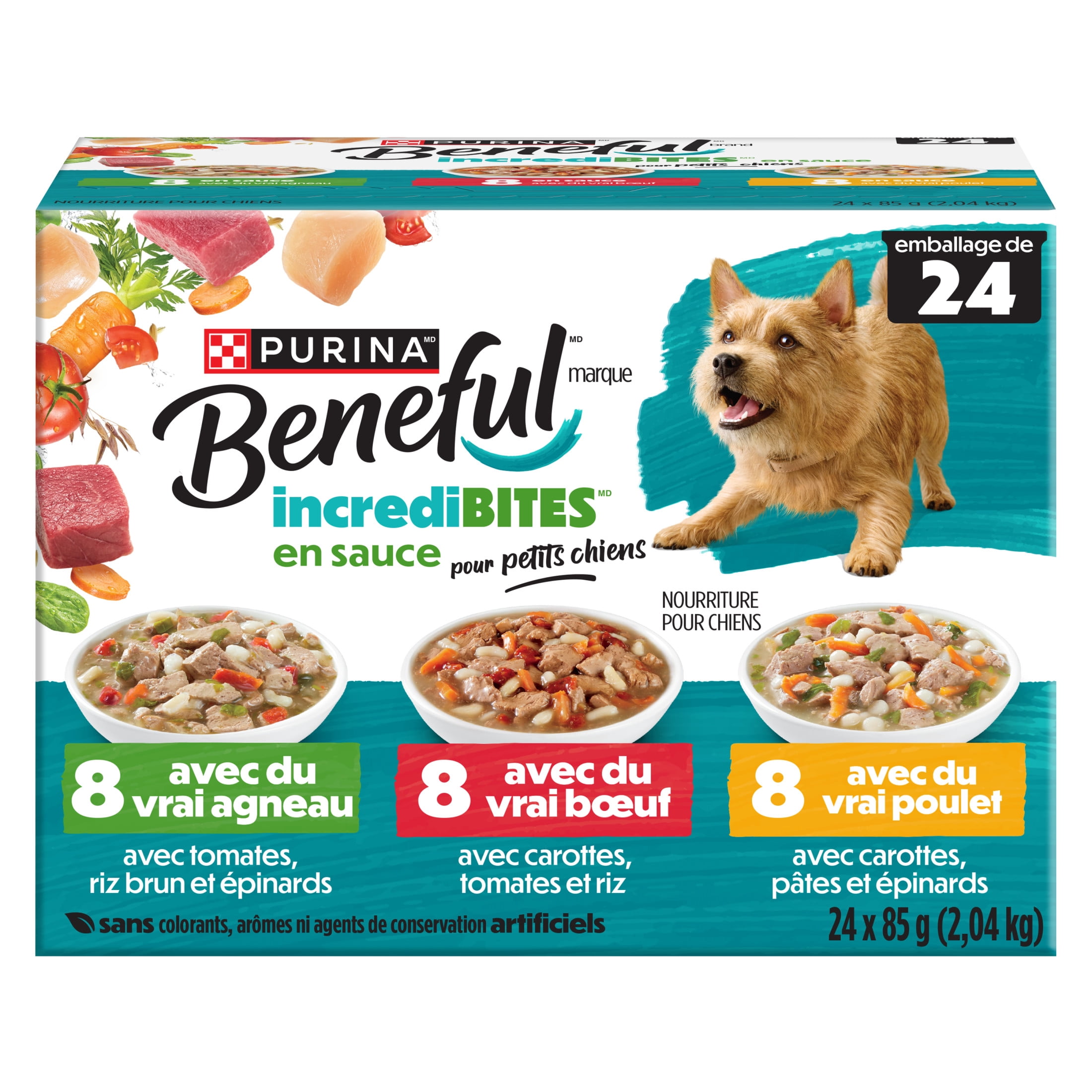 Purina Beneful IncrediBites avec du Vrai Agneau, du Vrai Boeuf, du Vrai Poulet en Sauce 24C Emballage Assorti, Nourriture Humide pour Chiens, 85g x 24