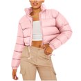 thumbnail image 1 of hoksml Women's Cropped Puffer Jacket with Drawstring Hem, Stand Collar Boxy Zip Front Casual Streetwear Short Jacket, 1 of 5