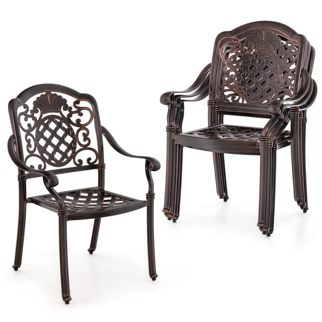 Costway 4 PCS Patio Cast Aluminum Chairs Outdoor Metal Armchairs with Ergonomic Curved Seat Red Copper