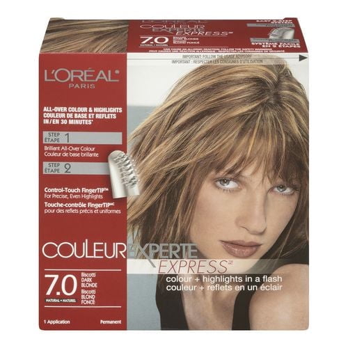 L'Oréal Paris Couleur Experte hair colour 7.0 Biscotti Dark Blonde box showing 2-in-1 permanent colour with all-over base colour and harmonizing highlights, including control-touch fingertip applicator for precise application and even highlights.
