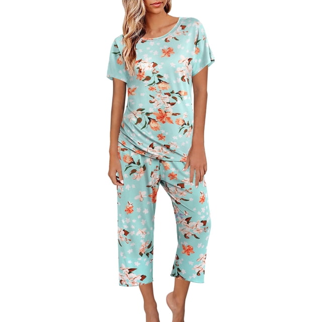 WTXUE Ensembles Lounge Ensembles de Pyjama Pyjamas pour Femmes Hauts Pantalons Capri Imprimé avec Poches Ensemble de Pyjama 2 Pcs L