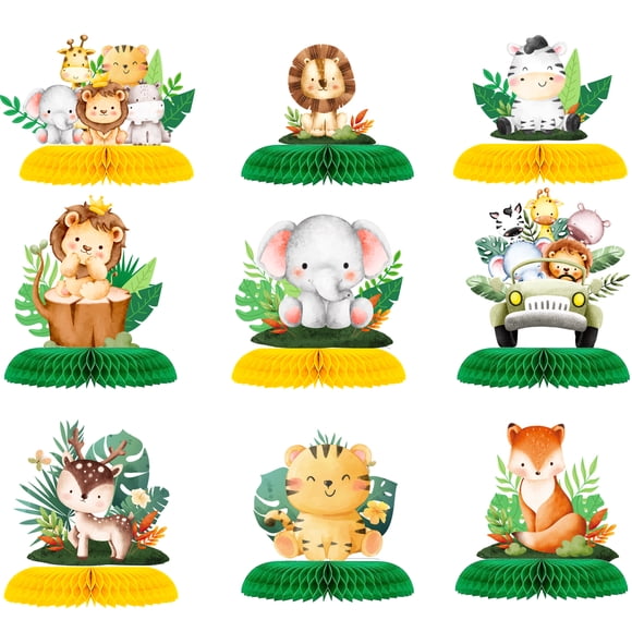 Décorations d'Anniversaire Animaux de la Jungle, 9 Pcs Centres de Table Nid d'Abeille Animaux de Safari, Hauts de Table Nid d'Abeille de Jungle/centres de Table de Baby Shower Safari