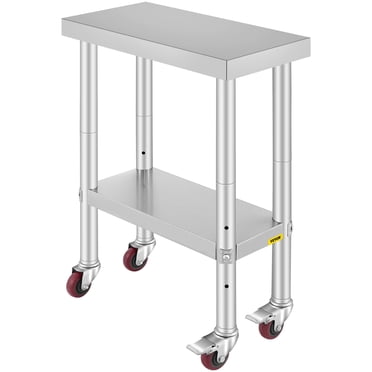 VEVOR Stainless Steel Catering Work Table 12x24 Inch Commercial Work Table with 4 Wheels Commercial Food Prep Workbench with Flexible Adjustment Shelf for Kitchen Prep Table