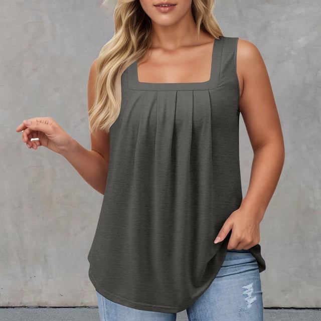 Women's Casual Square Neck Tank Top Pure Color Ruffle Detail Blouse for Spring Summer Daily Wear with Jeans Workout Set Fitted T Shirt Atmosphere Top Cleavage Cover plus Size Camisole Petite 3