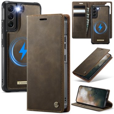 CaseMe Wallet Case for Samsung Galaxy S22 Compatible with Magsafe, 2-in-1 PU Leather【RFID Blocking】Flip Card Holder Stand Shockproof Magnetic Detachable Cover for Samsung Galaxy S22 6.1",Coffee