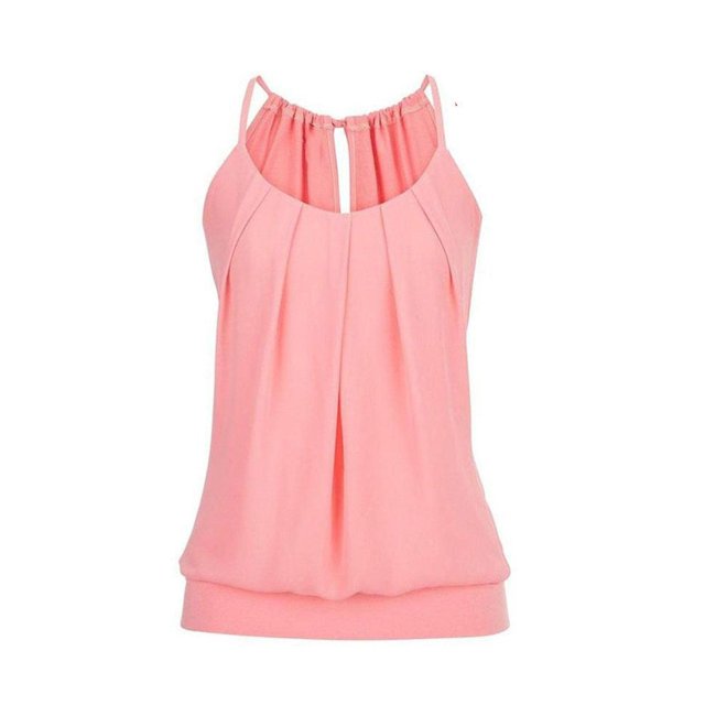 Débardeur Camisole Femme Été Tendance Col Rond Plissé Sans Manches Décontracté Basique Rose G