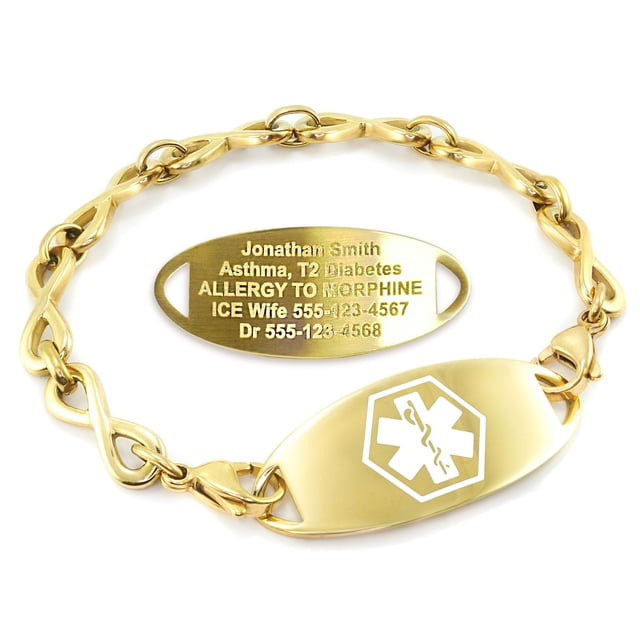 MedicEngraved Yellow Gold Stainless Steel Custom Medical Alert Bracelet - 6mm Infinity Link