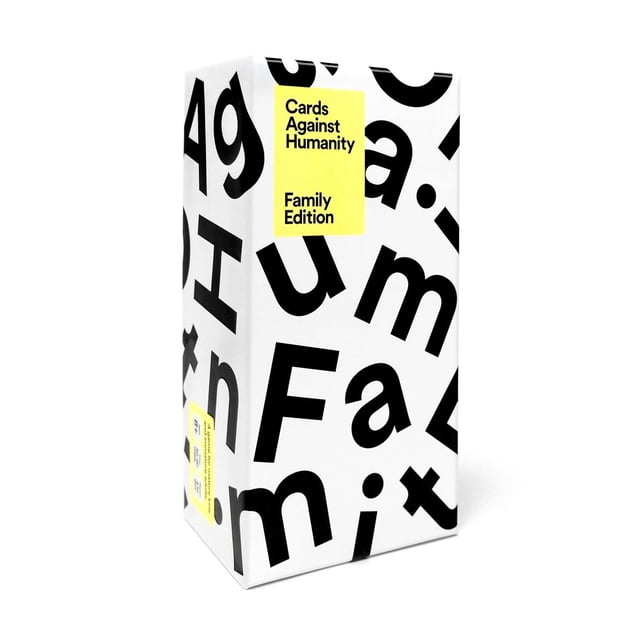Cards Against Humanity Family Edition box with a white background and large black scattered letters, featuring a yellow label with the game title, a family-friendly card game suitable for kids and adults to play together.