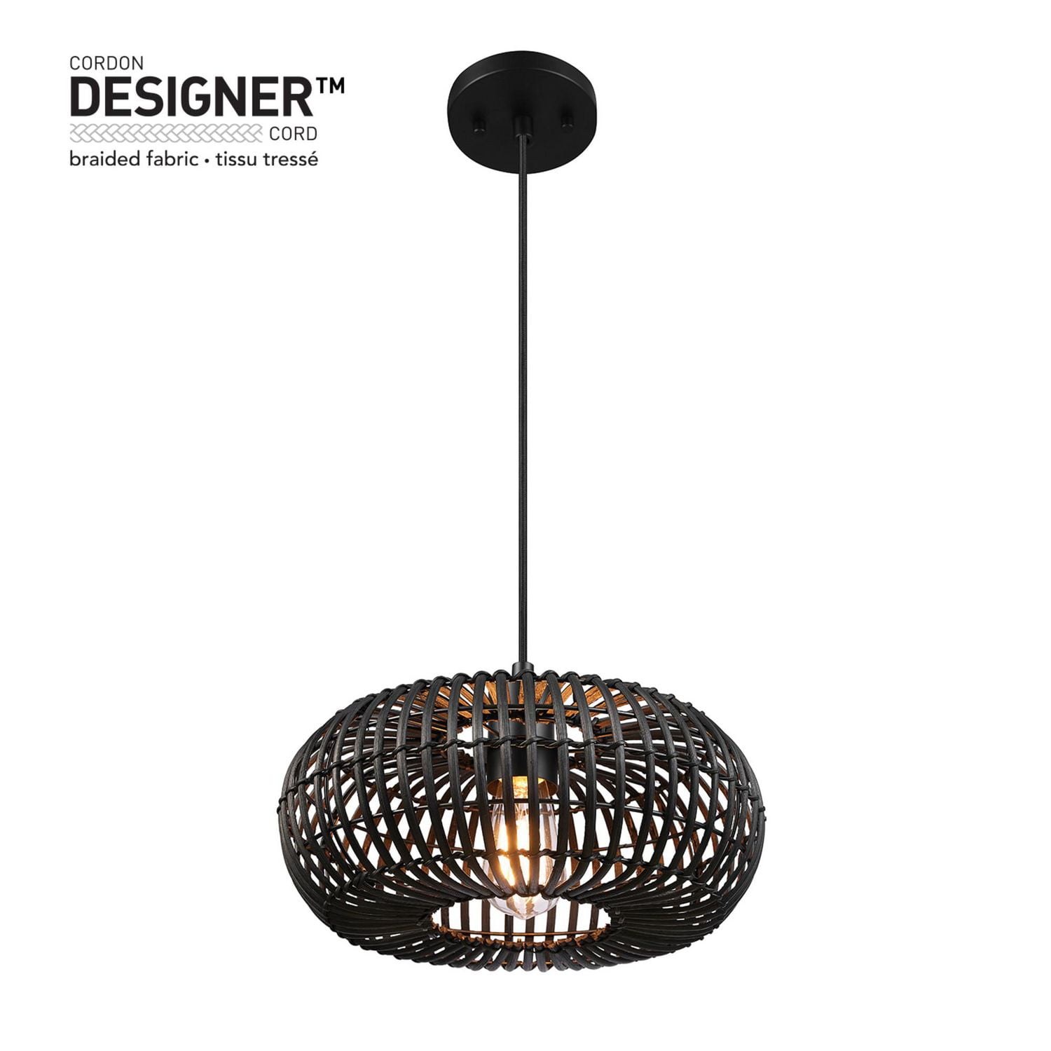 Luminaire suspendu à 1 ampoule Fitz noir mat avec abat-jour en rotin