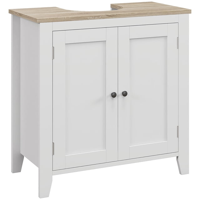 kleankin Armoire de Lavabo de Salle de Bain, Armoire sous l'Évier avec Tablette Ajustable. Cette Armoire en MDF Blanche Présente un design Moderne avec un Plateau à Motif grain de Bois et une Découpe en « U » pour s'Adapter Facilement aux Tuyaux d'Évier. Elle Comprend des Tablettes Ajustables pour un Rangement Polyvalent et des Doubles Portes avec Boutons Noirs pour un Accès Facile. Dimensions : 23,6 Pouces de Large, 11,8 Pouces de Profondeur et 23,6 Pouces de Hauteur.