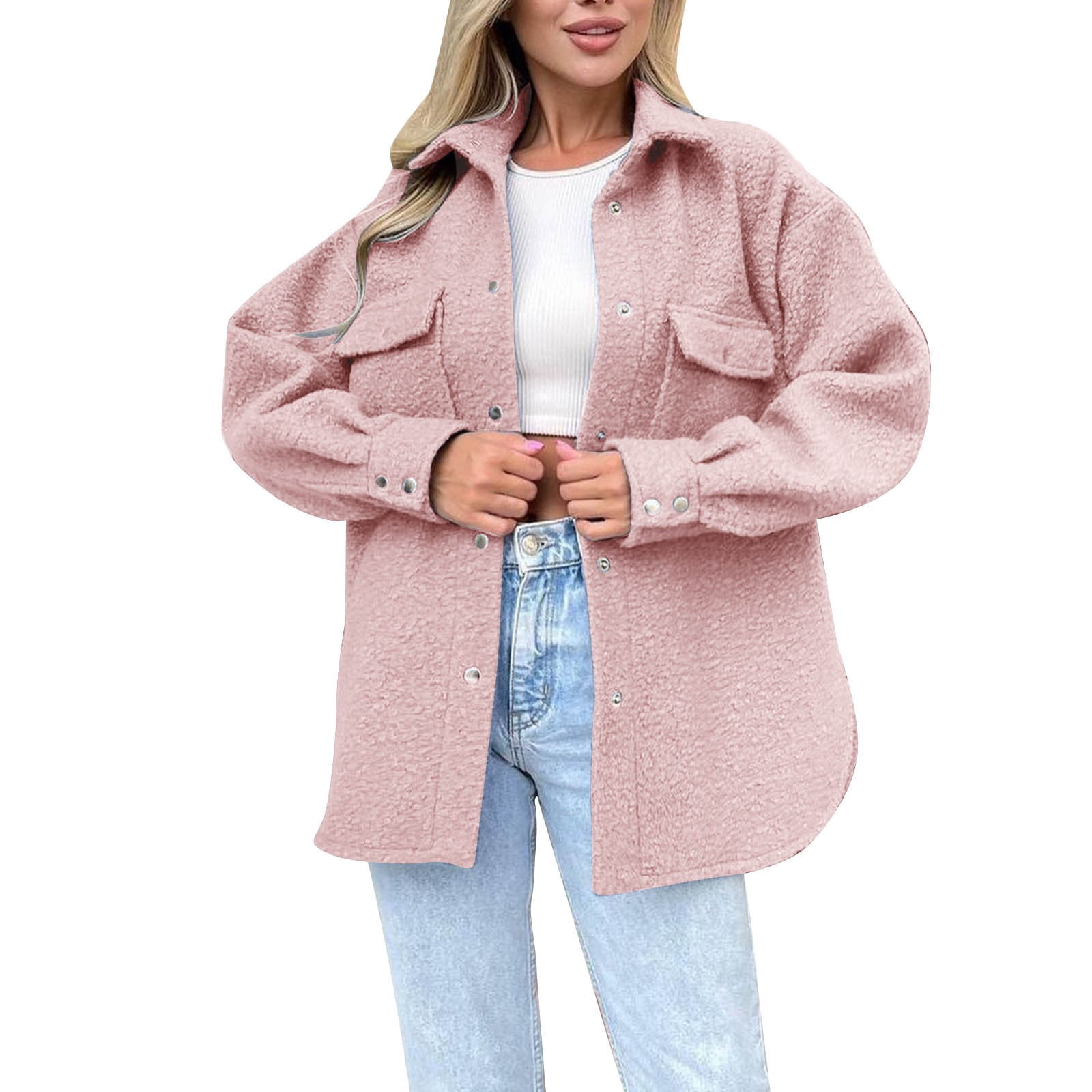 WEIYLL Womens Fleece Jacket Shirt Oversized Button Down Long Shacket Pockets Red Cold Weather Tops Size M