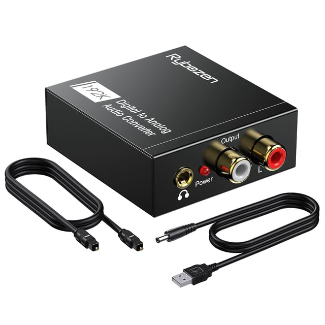 Digitnow 192KHz Analog Audio Converter DAC SPDIF Coaxial Optical Convert to L/R RCA, Toslink Optical to 3.5mm Jack Audio Adapter. The black device features input ports for Toslink and RCA coaxial, and output ports for RCA L/R and a 3.5mm jack. Includes an optical fiber cable, USB power adapter, and power cable. Suitable for PS4, HD DVD, and home cinema systems.