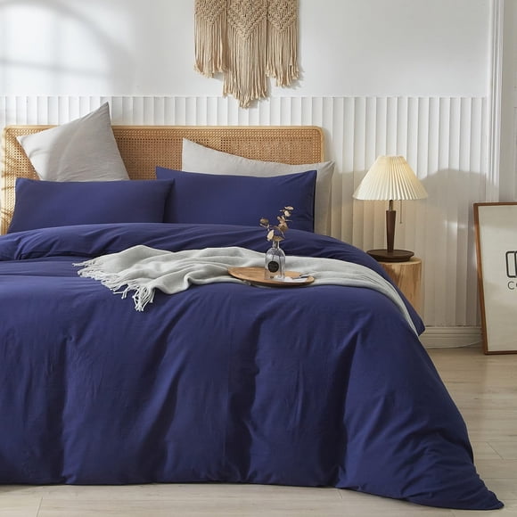Washed Cotton Duvet Cover Set Linen Feel Natural Wrinkle Lightweight Comfy (King Linen)