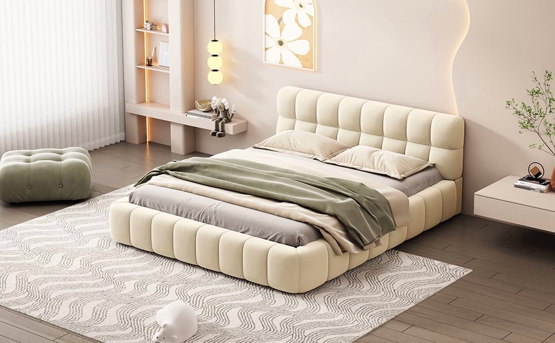 Noble House Lit Queen rembourré plate-forme, lit à terre en tissu épais avec cadre solide,Beige