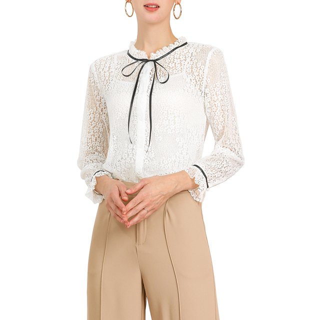 INSPIRE CHIC Chemisier à Col à Volants Manches Longues en Dentelle Transparente pour Femmes