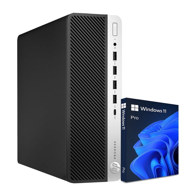 Desktop PC HP ProDesk 600 G5 SFF Business Computer with Intel Hexa-Core i5 9th Gen processor, 16GB DDR4 RAM, 2TB NVMe SSD, and Windows 11 Pro. Small form factor design with multiple USB ports, USB-C, DisplayPorts, and RJ-45 connectivity. Includes WiFi and Bluetooth adapter.
