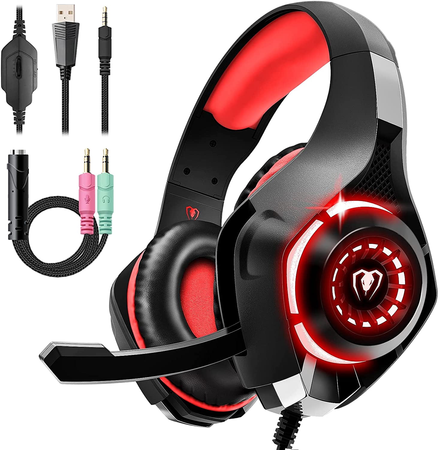 Gaming Headset for PS4 PS5 Xbox One Switch PC with Noise Canceling Mic, Deep Bass Stereo Sound… (Black Red)