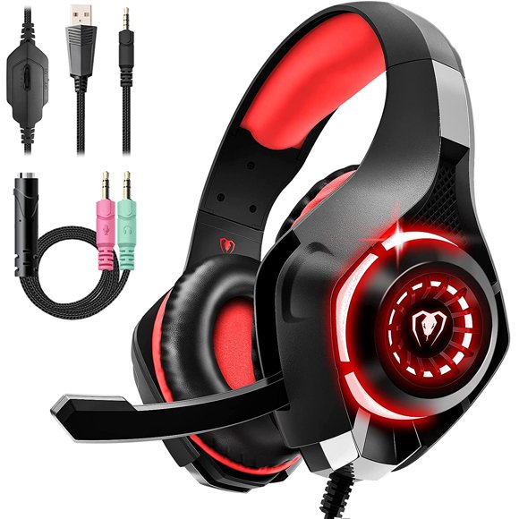 Gaming Headset for PS4 PS5 Xbox One Switch PC with Noise Canceling Mic, Deep Bass Stereo Sound… (Black Red)