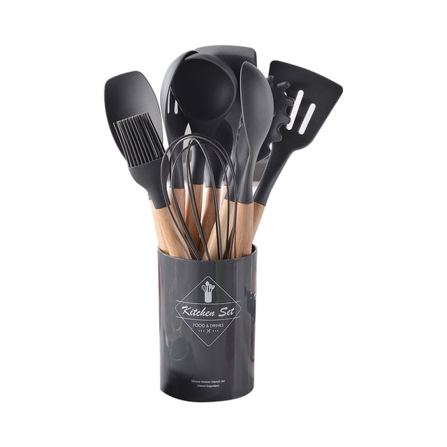 Meitianfacai Silicone Kitchen Utensils Set, 12 Pcs Non-Stick Cooking Utensils Set featuring a combination of grey silicone heads and sturdy wooden handles. The set includes a variety of tools such as a spatula, slotted spoon, soup ladle, spaghetti server, and whisk, all neatly arranged in a matching grey round barrel. Designed for non-stick cookware, these utensils are heat-resistant, easy to clean, and feature hanging loops for convenient storage.