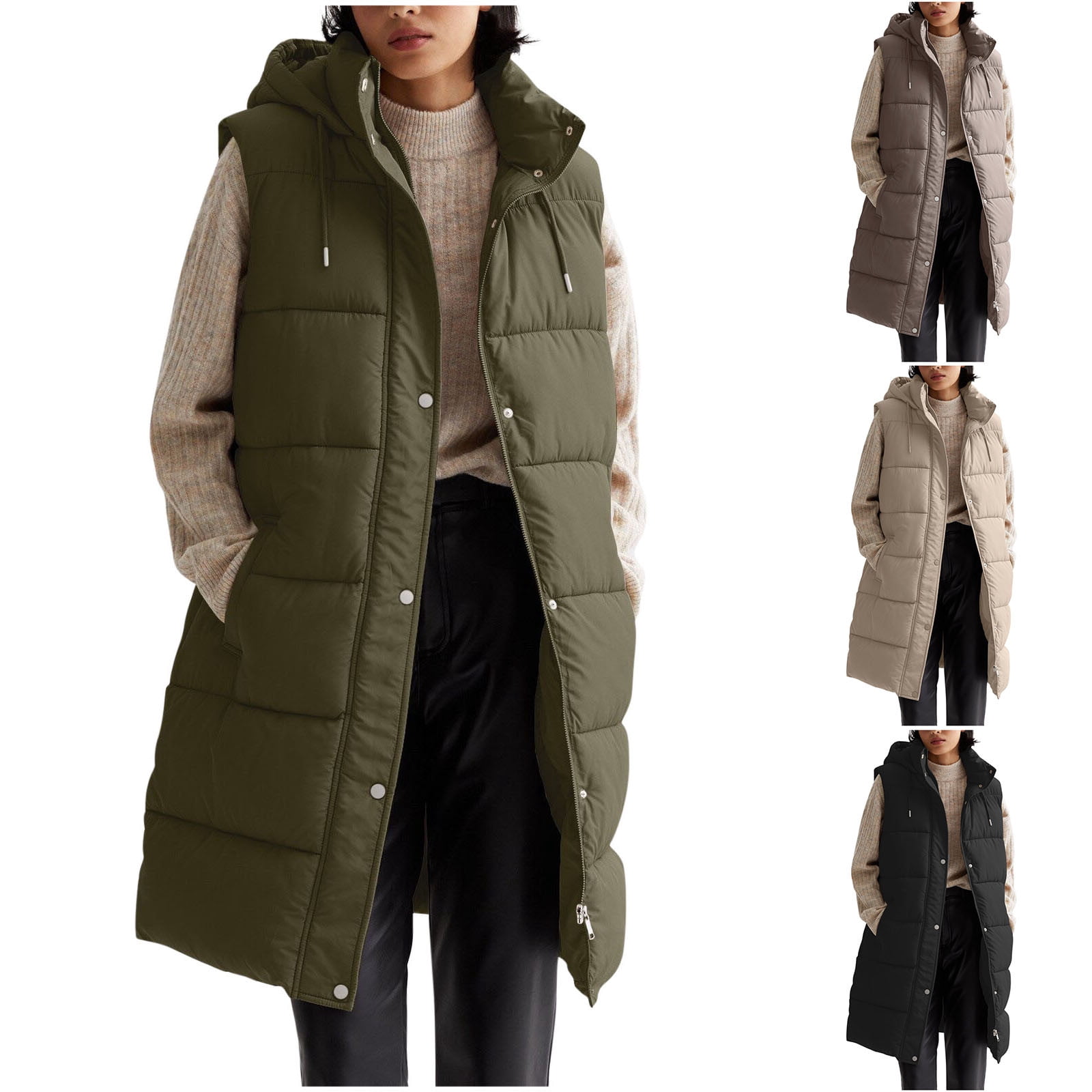LOVZFMLL Winter Jackets for Women, Long Sleeveless Puffer Vest with Hood and Pockets
