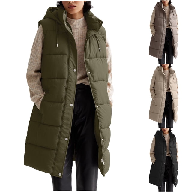 LOVZFMLL Winter Jackets for Women, Long Sleeveless Puffer Vest with Hood and Pockets