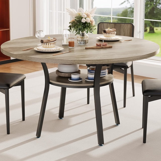 47" Round Dining Table for 4-6 People, Farmhouse Kitchen Dining Table, Round Dinner Table with Storage Shelf for Kitchen, Living Room (Table Only), Grey