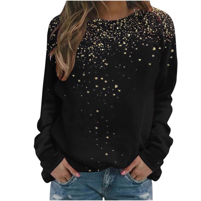 AherBiu Chandails à Col Rond pour Femmes Manches Longues Imprimé Brillant Printemps Décontracté Ample Chandail Pailleté Hauts