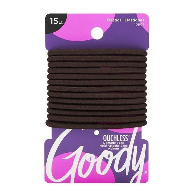Goody Ouchless brown damage-free elastic hair ties in a pack of 15 on branded purple and pink packaging.