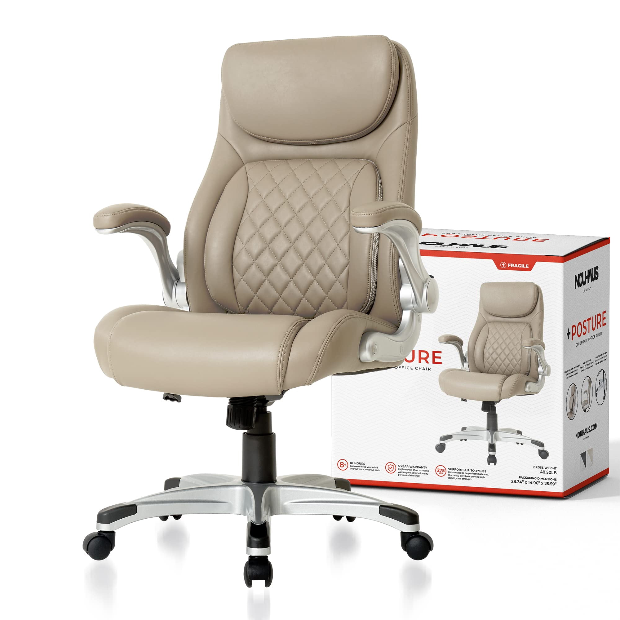 NOUHAUS +Posture Ergonomic PU Leather Office Chair. Click5 Lumbar Support with FlipAdjust Armrests. Modern Executive Chair and Computer Desk Chair (Taupe)