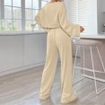 thumbnail image 3 of Women's Two Piece Knit Matching Outfits Crew Neck Slit Hem Tee And Pants Tracksuit Sets, 3 of 5