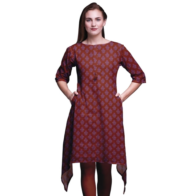 Bimba Hauts Damassés Rouges à Blocs Imprimés pour Femmes Kurti Asymétrique Robe d'Été pour Filles Très Grand