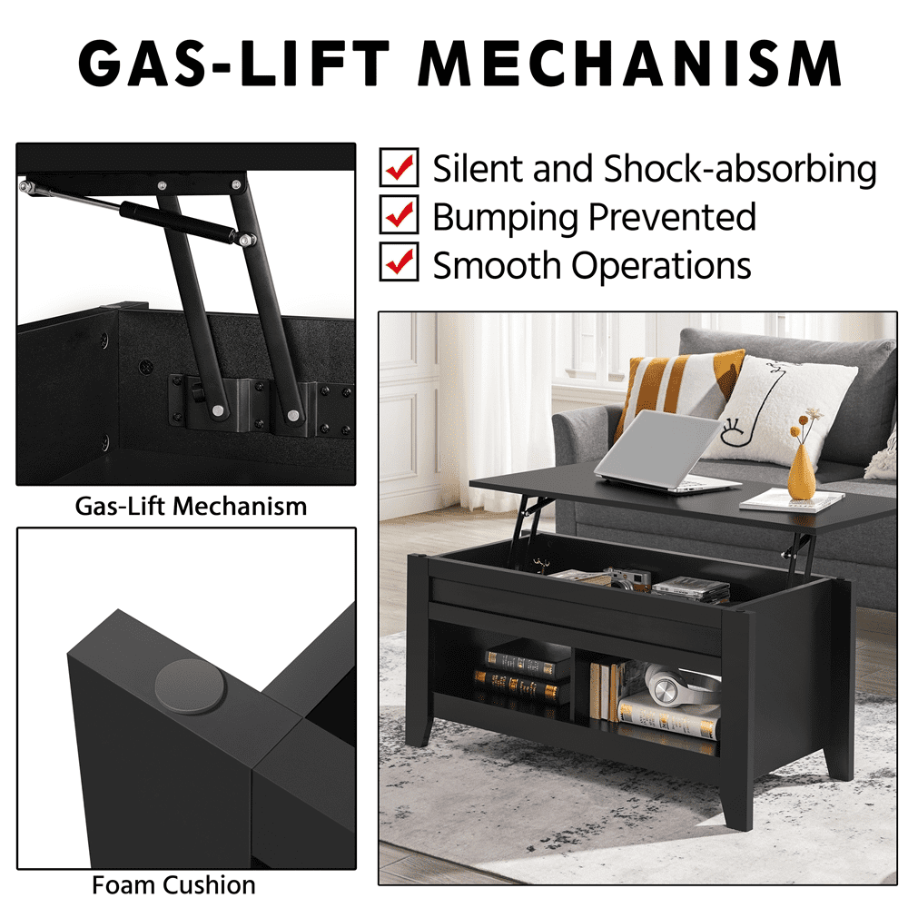 FullFurnique 41" Lift Top Coffee Table with Hidden Compartment & 2 Open Shelves