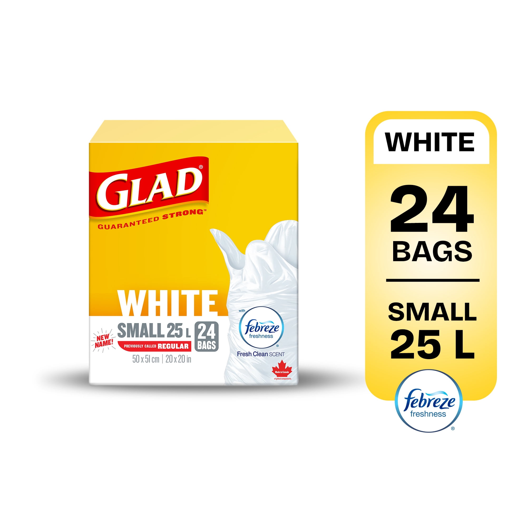 Glad White Garbage Bags - Small 25 Litres - Febreze Fresh Clean Scent, 24 Trash Bags