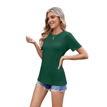 Women'S Short Sleeve Tops Pleated Crewneck Loose Fit T Shirt Business Casual Dressy Work Shirts 2026 Summer Blouses Dark green S