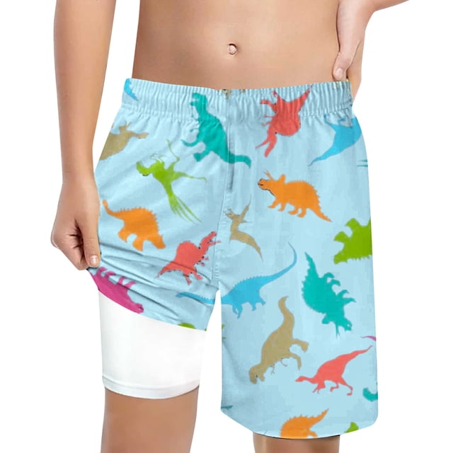 Hiiyo Teen Boys Dinosaur Print Compression Liner Swim Trunks Board Shorts