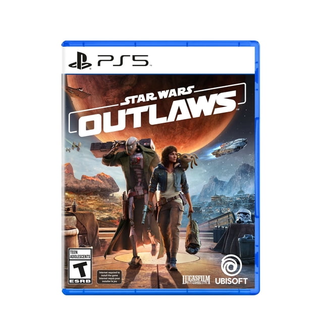 Star Wars Outlaws PlayStation 5 game cover featuring two characters walking on a futuristic platform beneath a large red planet, with spaceships flying overhead and a distant cityscape, including Ubisoft and Lucasfilm logos.