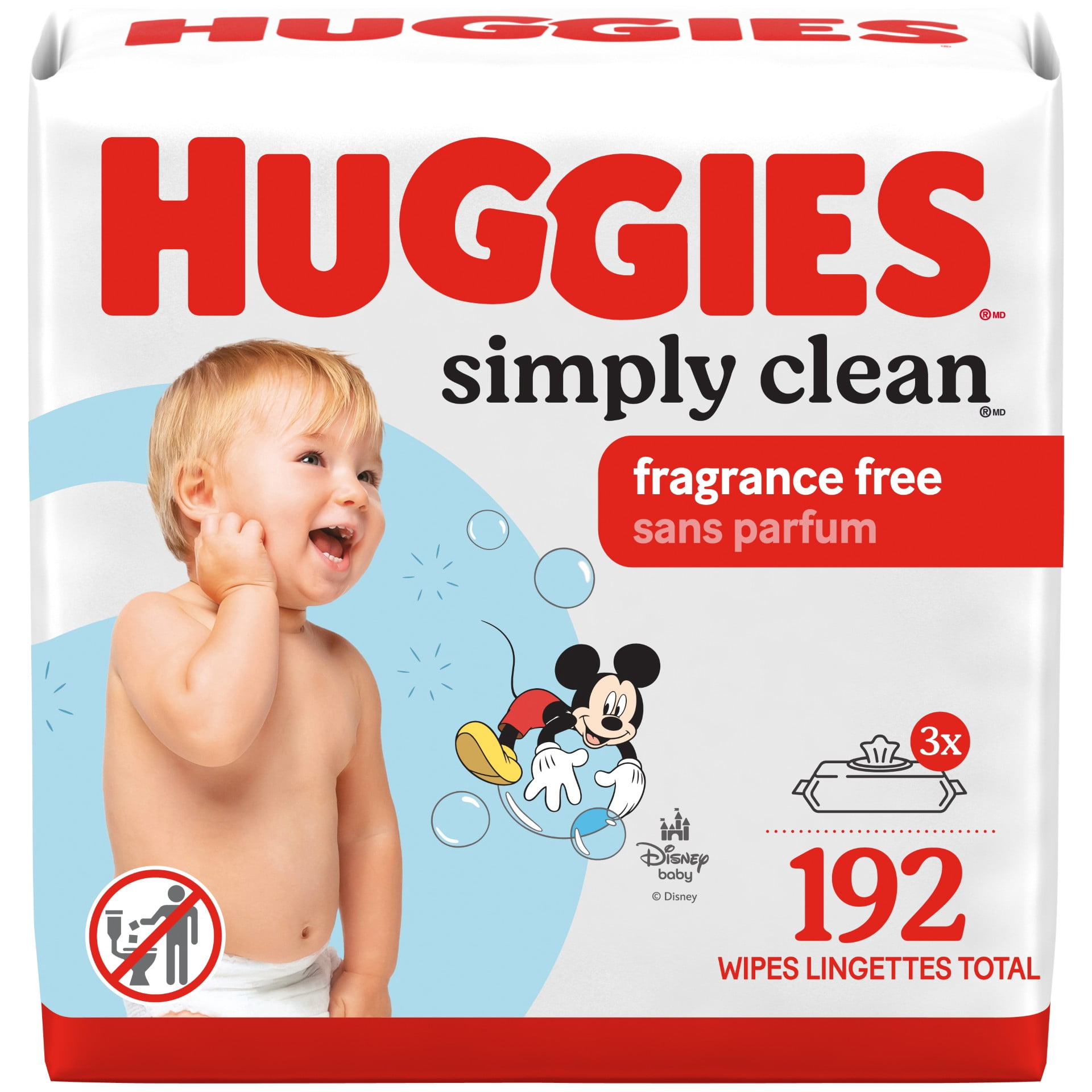 Huggies Simply Clean Baby Wipes, UNSCENTED, 3 Flip Top Packs, 192 Wipes