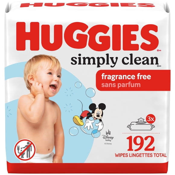 Lingettes pour bébés Huggies Simply Clean, NON PARFUMÉES, 3 emballages à couvercle rabattable, total de 192 lingettes