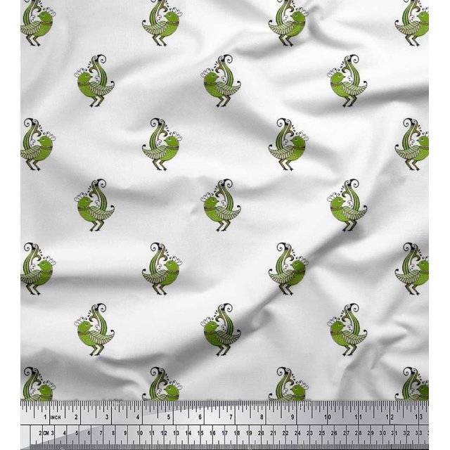 Soimoi Polyester Crepe Fabric Bird Block Print Sewing Fabric Yard 42 Inch Wide