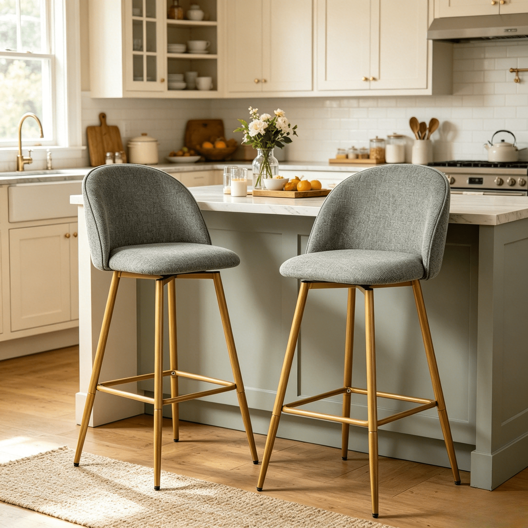 Homy Casa Set of 2 Bar Stools, 26.8" Seat Height, Grey Fabric Upholstered Counter Chairs with Footrest