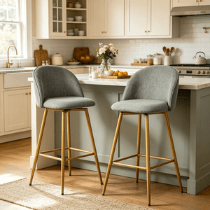 Homy Casa Set of 2 Bar Stools, 26.8" Seat Height, Grey Fabric Upholstered Counter Chairs with Footrest