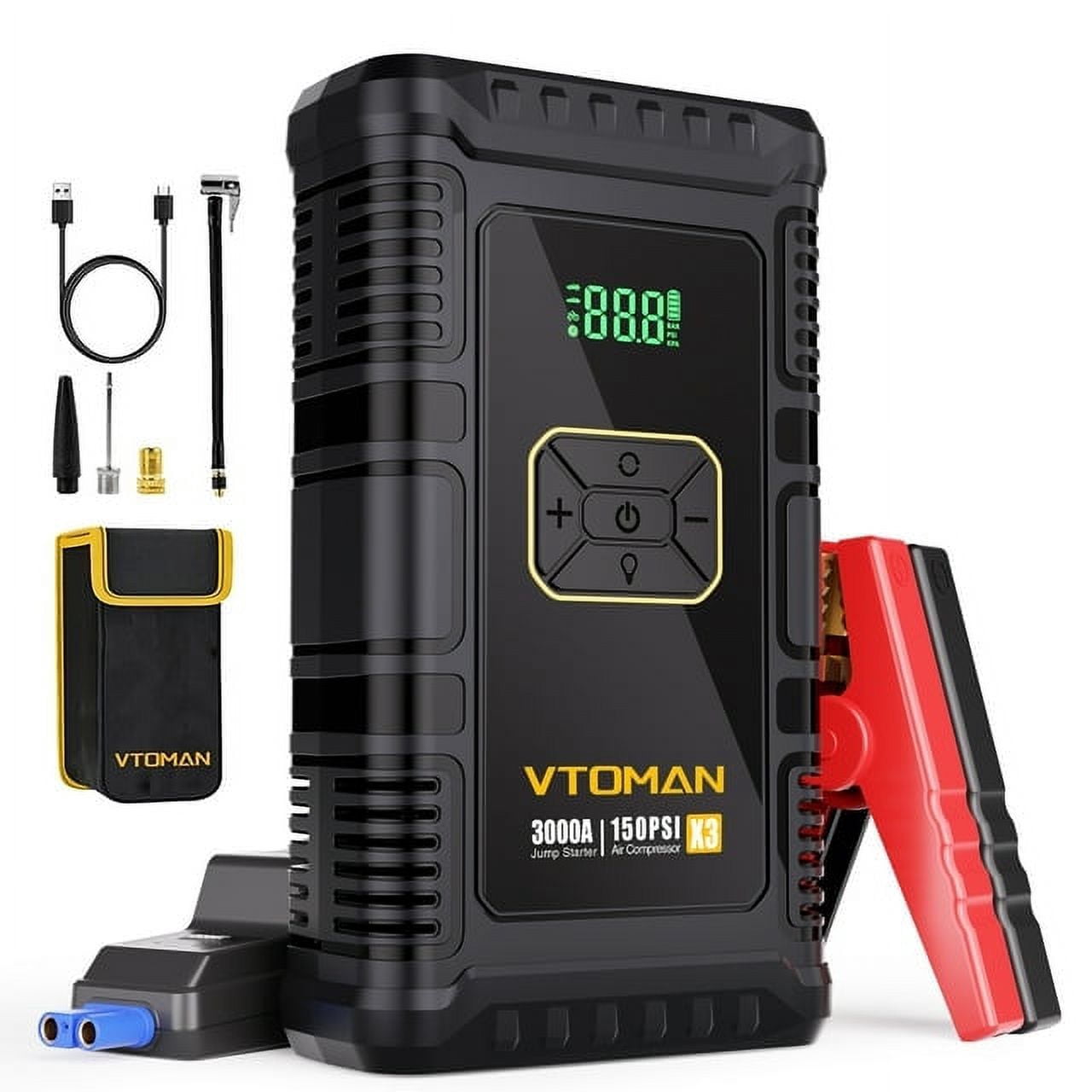 VTOMAN 3000A Jump Starter with Air Compressor, 12V Car Battery Booster for 8.5L Gas/6.0L Diesel，150PSI Digital Tire Inflator,  Lithium Jump Box with Jumper Cables