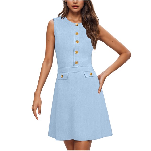 Liquidation d'Été 2025! Robe Grande Taille pour Femmes, Liquidation de Robe d'Été pour Femmes, Robe de Travail Sans Manches à Col Rond Couleur Unie avec Boutons Décoratifs